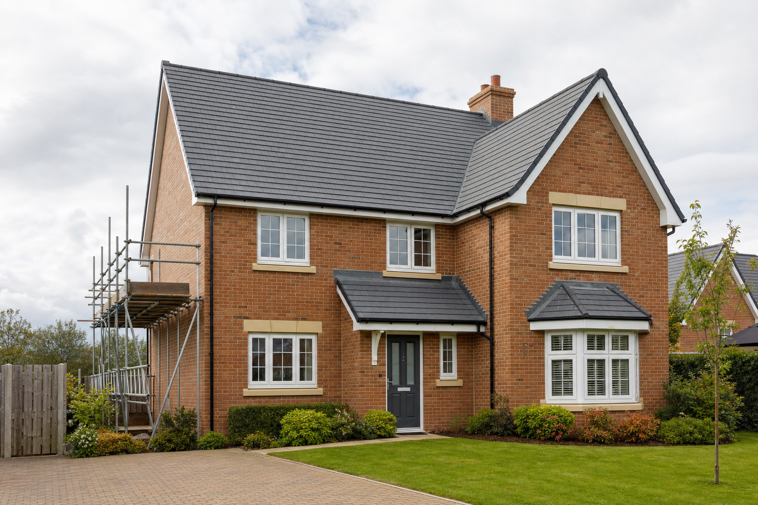 Two-storey brick house with grey roof, surrounded by greenery, and scaffolding on the side for maintenance.