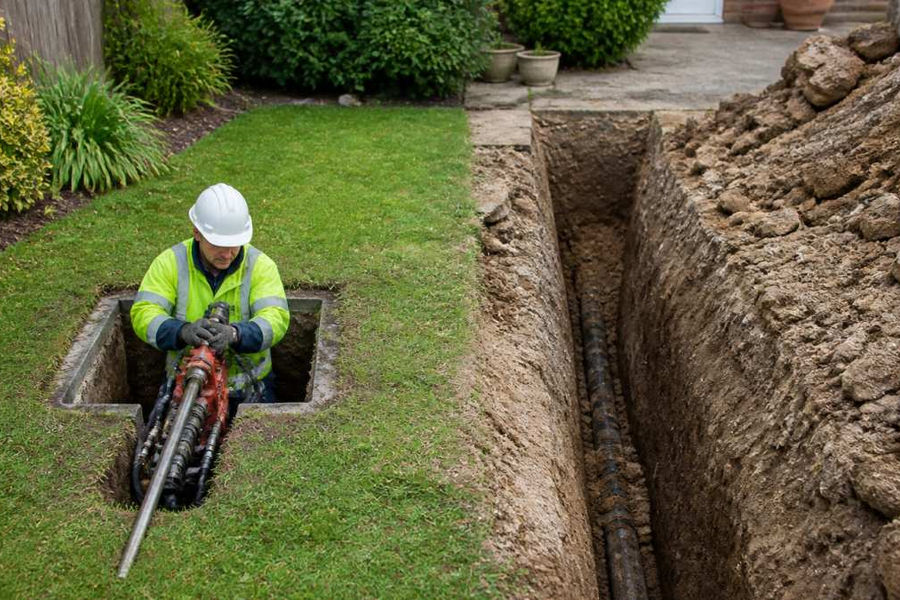 Professional engineer operating moling equipment from a small access pit in a residential garden, with minimal ground disruption visible; adjacent area shows traditional excavation trench with displaced soil and landscape damage