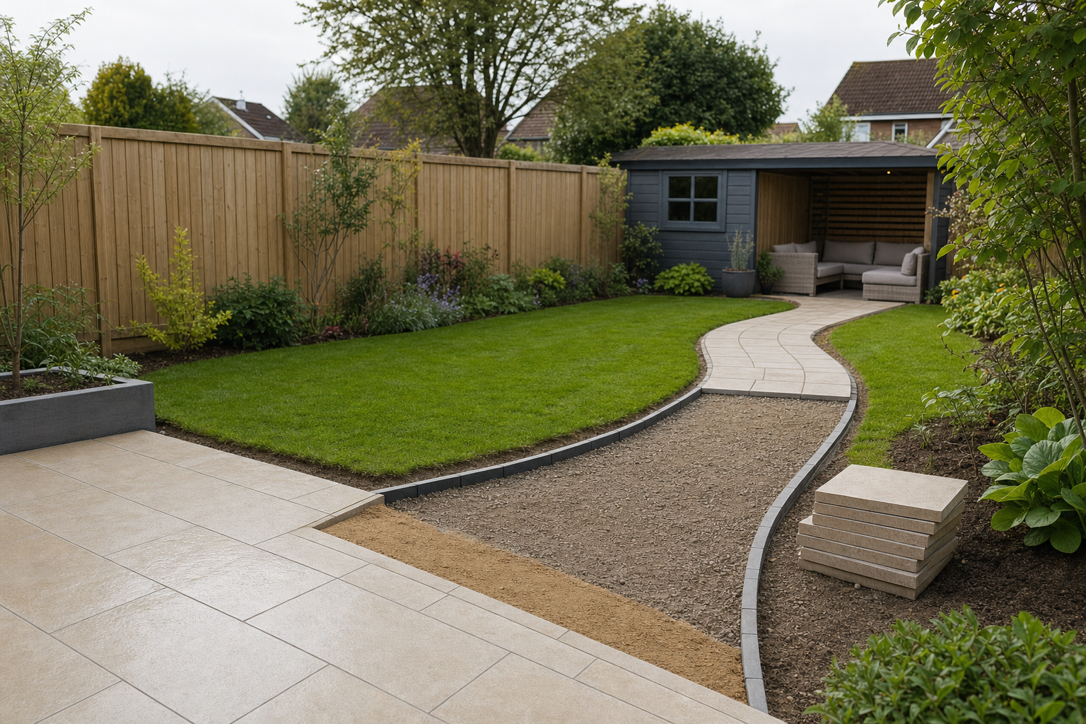 A curved garden path leads to a cosy seating area in a modern backyard with a wooden fence and vibrant greenery.