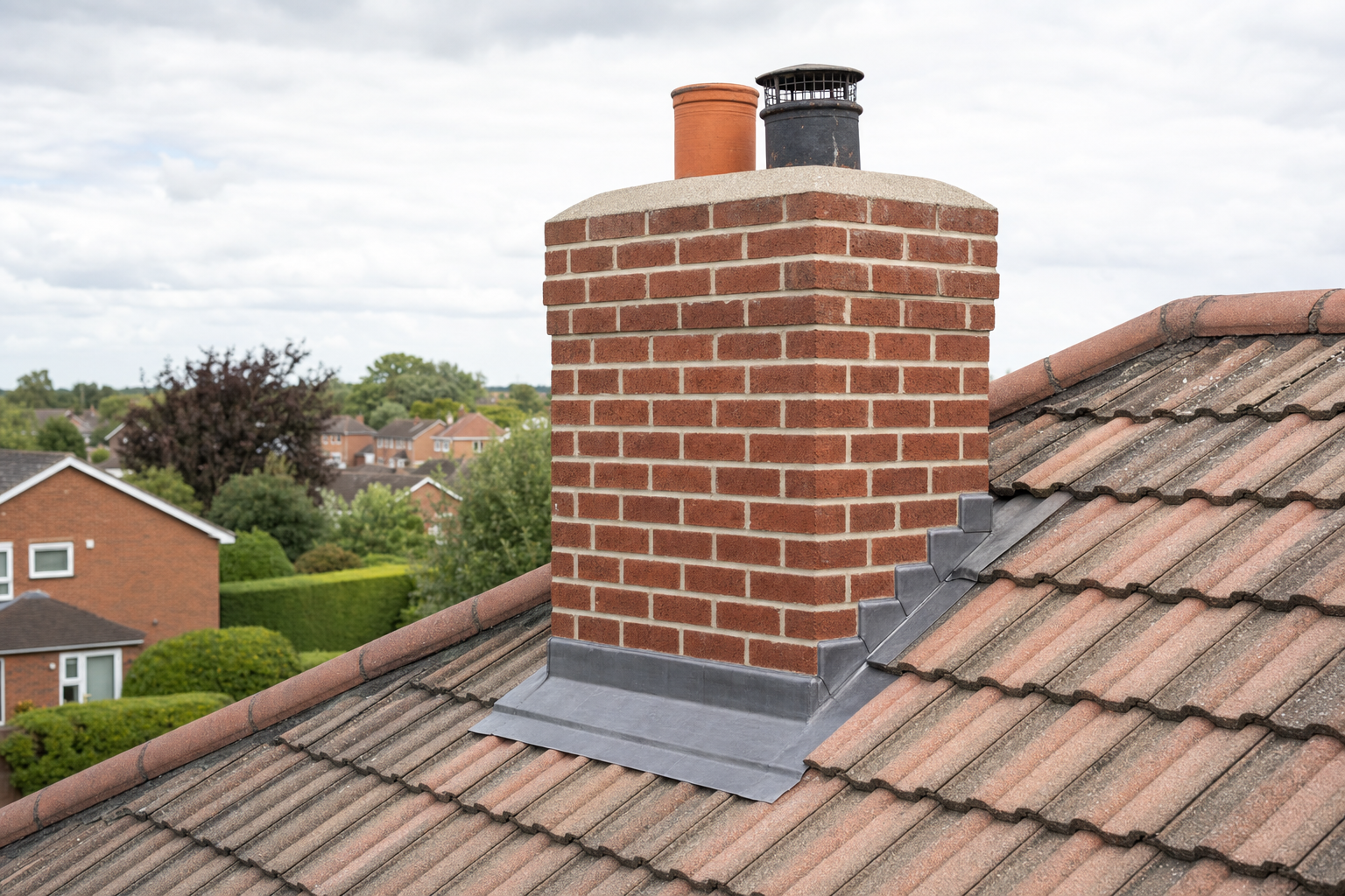 Red brick chimney with twin flues on a tiled rooftop overlooking a suburban neighbourhood.