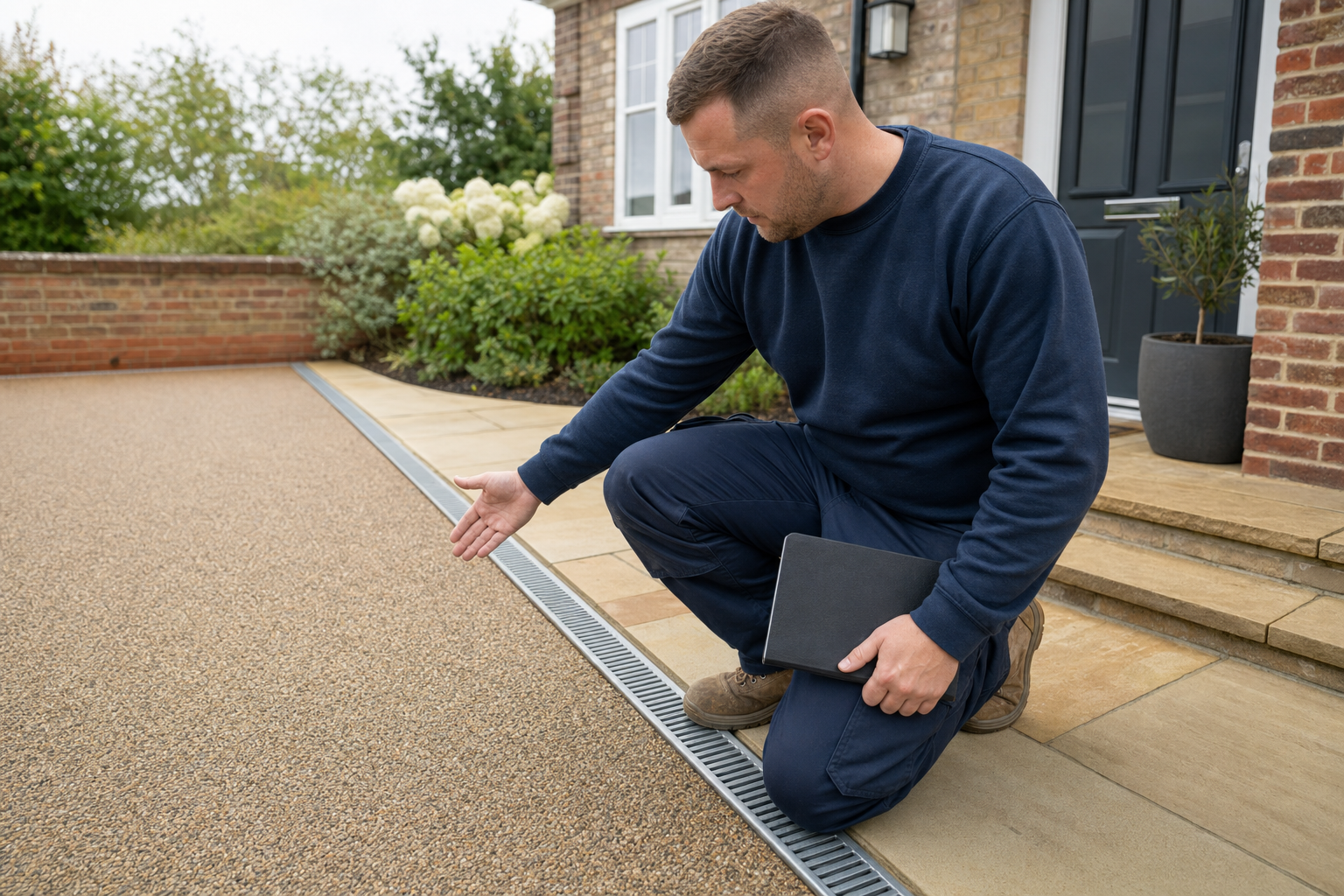 A man kneels and gestures towards a pebble driveway next to a drainage channel in front of a house.