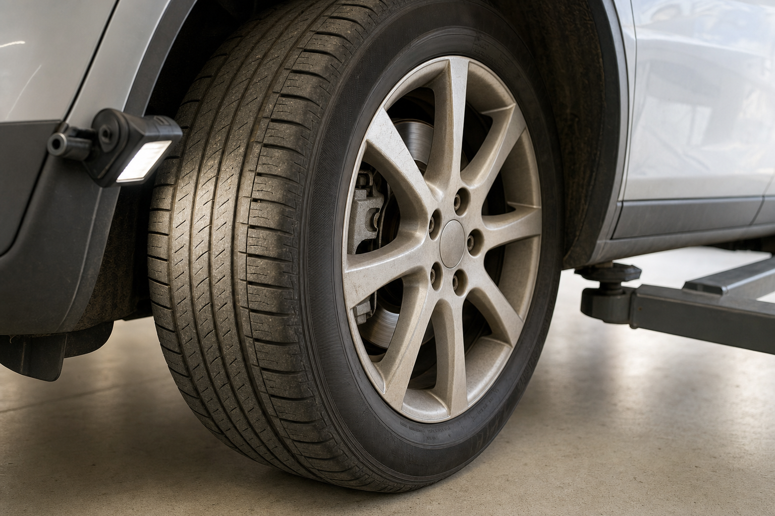 Close-up of a car wheel on a hydraulic lift inside a garage, highlighting the tyre tread and alloy rim.