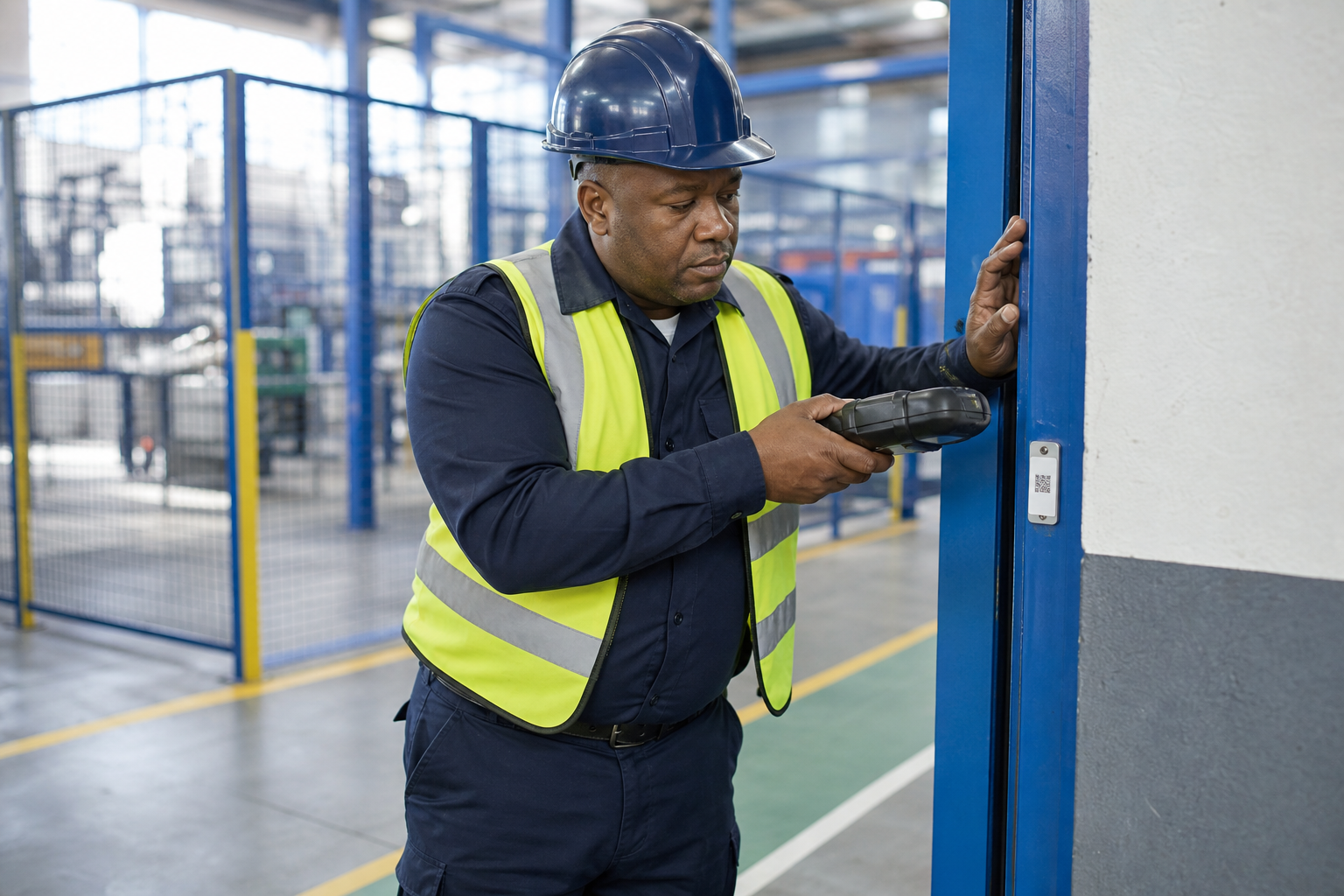 Man wearing a hard hat and high-visibility vest scans a QR code at an industrial facility.
