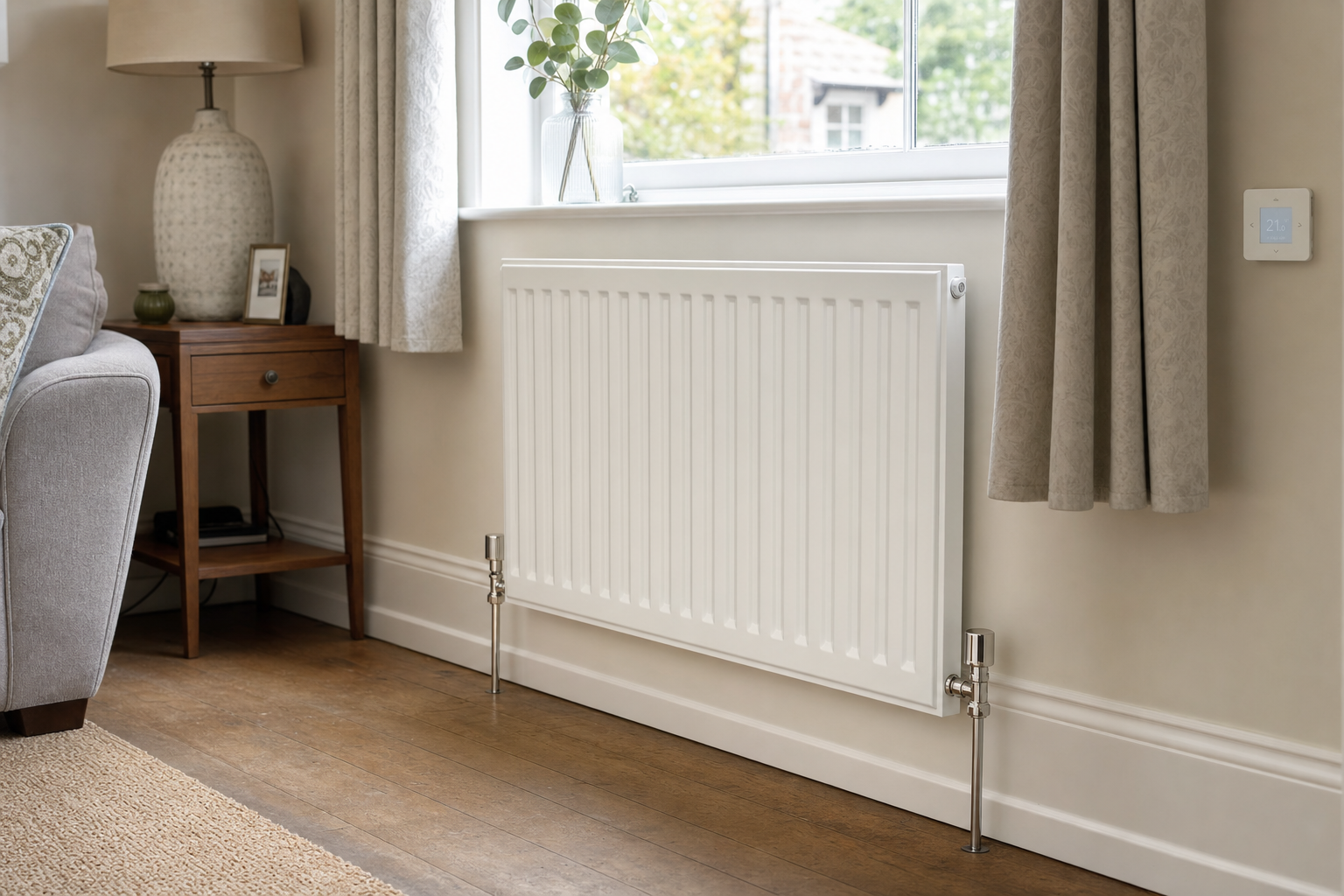 White radiator beneath a window in a cosy living room, next to a wooden side table and grey curtains.