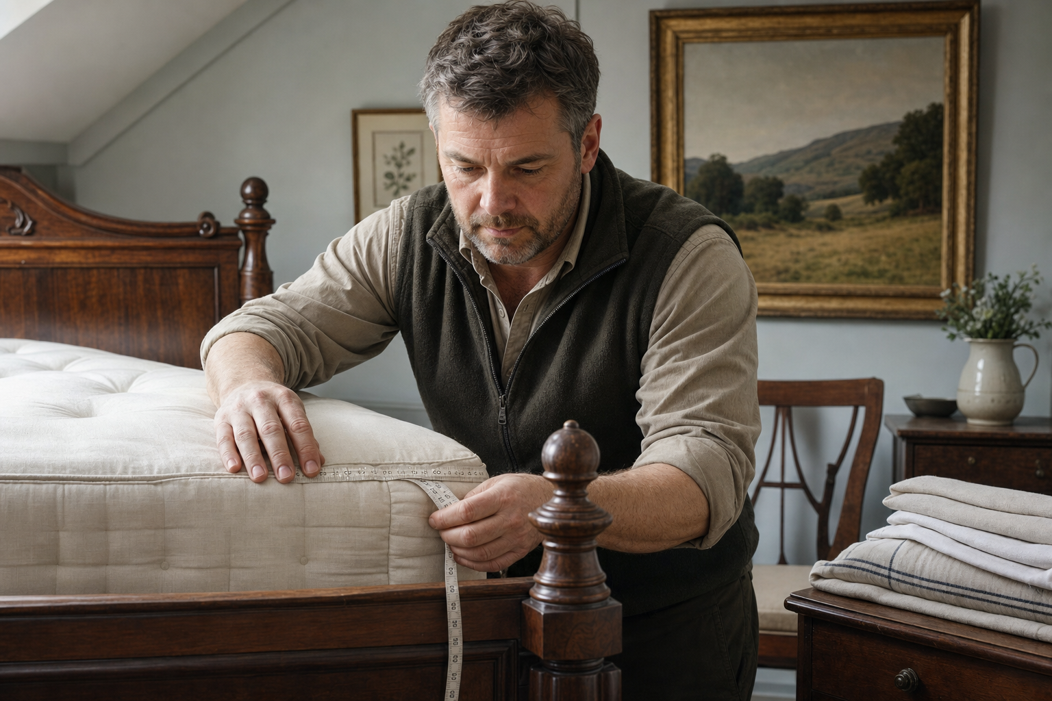 A man measuring a mattress with a tape measure in a vintage-styled bedroom.
