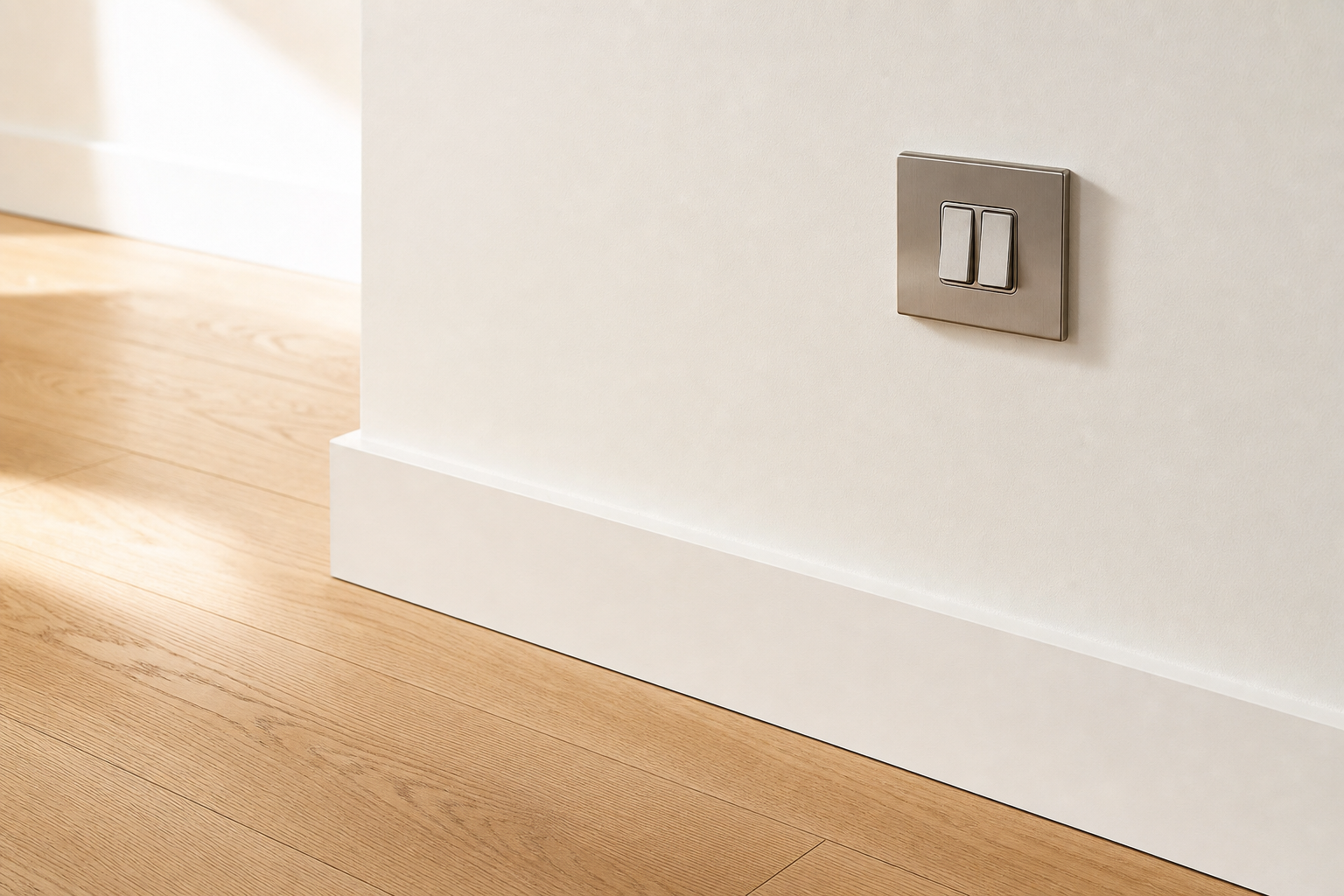 A metal light switch on a white wall above a wooden floor illuminated by natural light.