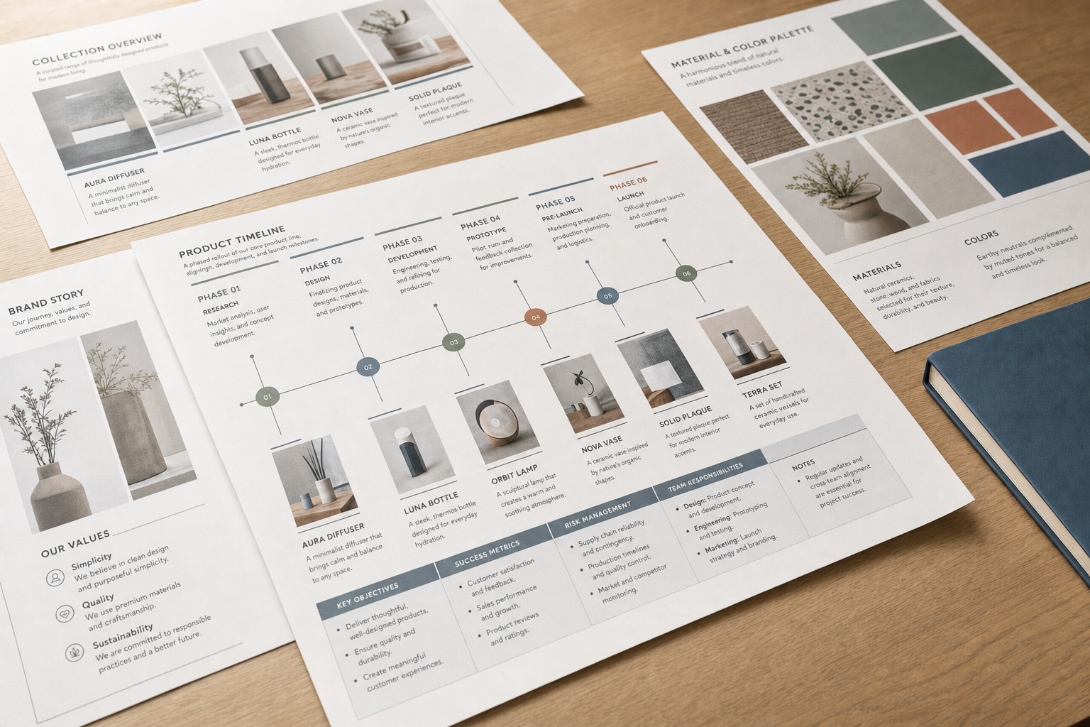 Design documents showcasing a collection overview, product timeline, and material palette on a wooden desk.