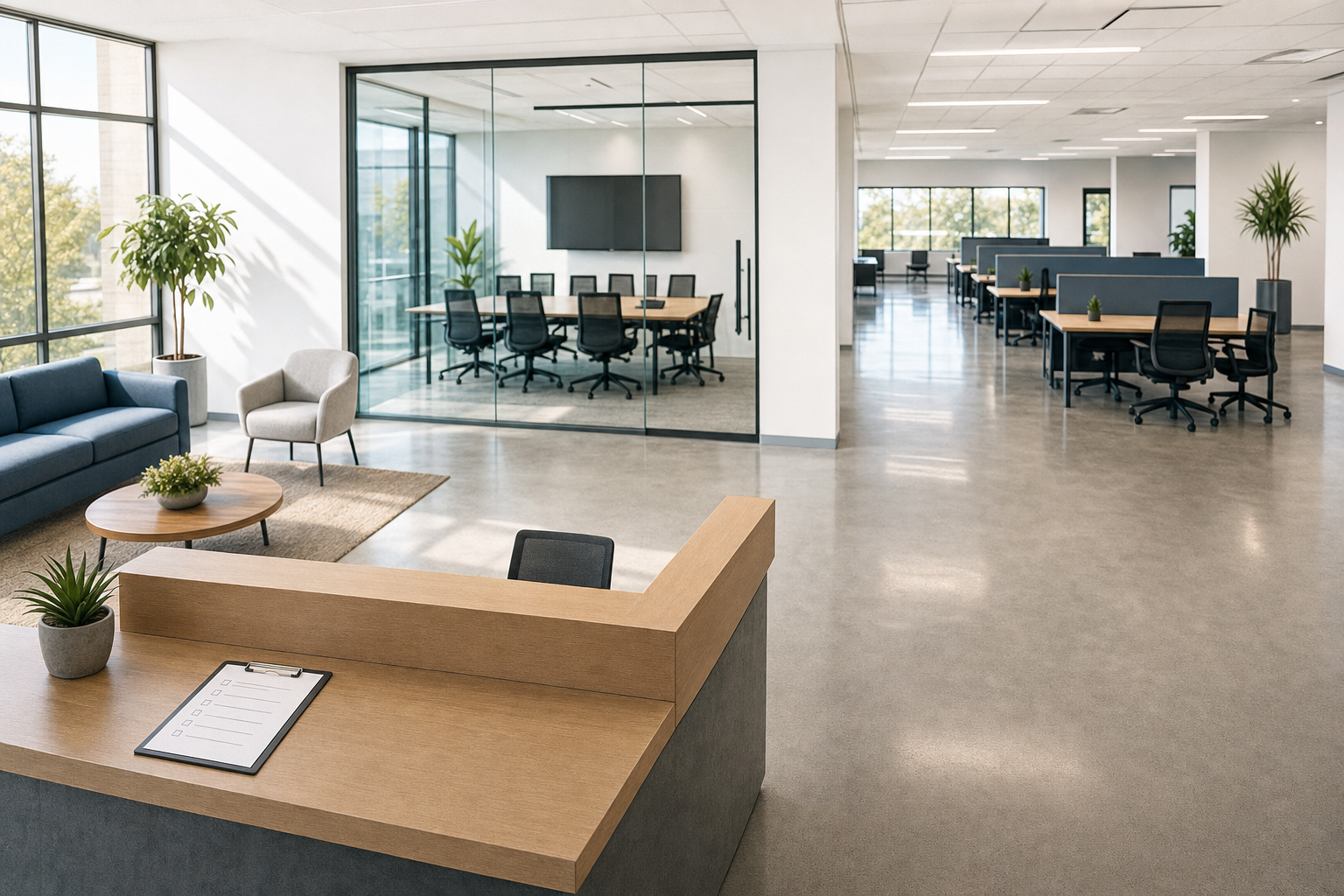 Modern office interior with a reception desk, glass-walled conference room, sofas, and open-plan workspace.
