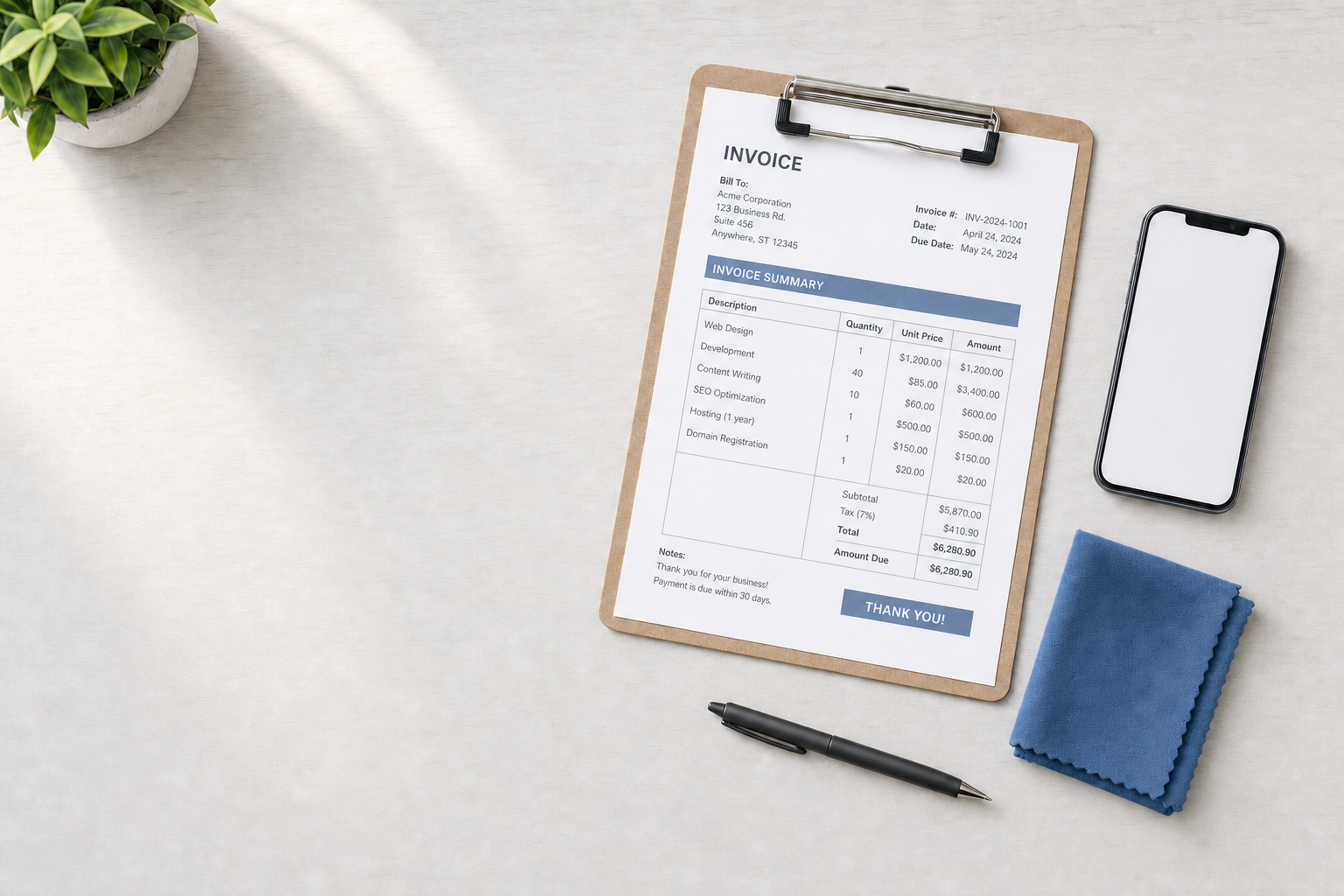 Invoice on a clipboard next to a smartphone, pen, and blue cloth, with a small plant in the top left corner.