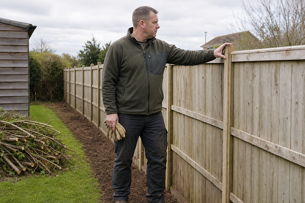 A man inspects a wooden fence while holding gardening gloves in a garden setting.