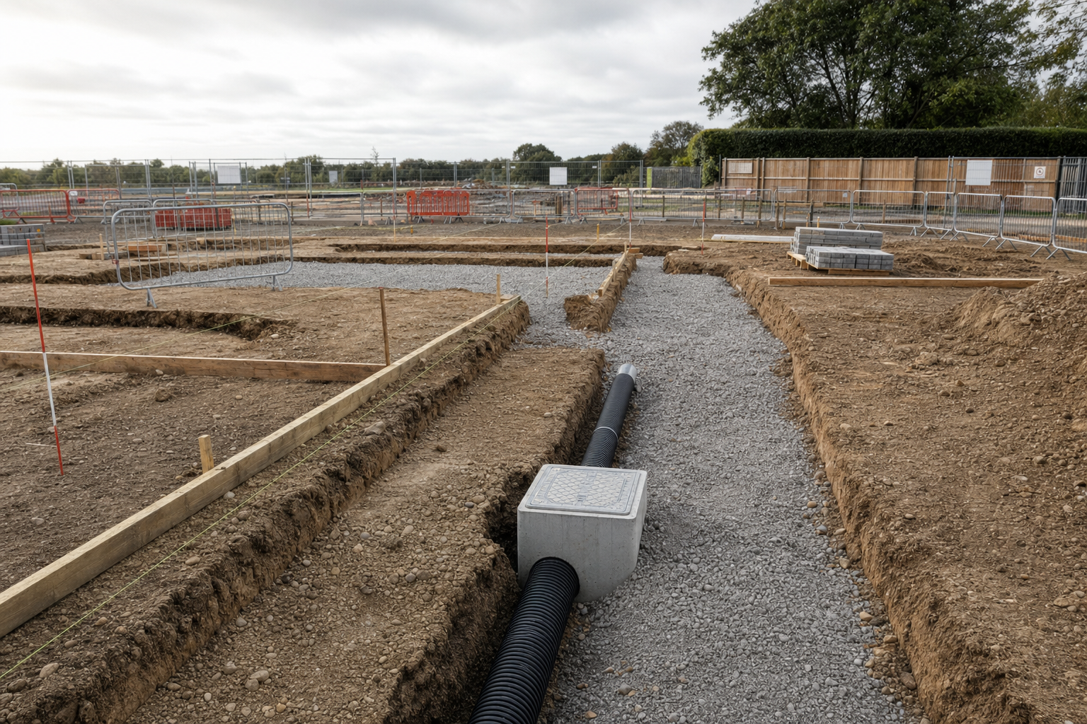 Construction site groundwork with trenches, gravel, and drainage pipes surrounded by fencing and trees in the background.