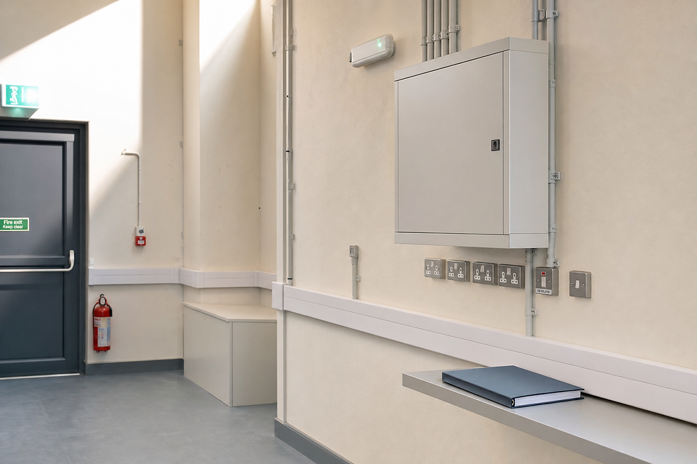 A modern room corner with a fire exit door, fire extinguisher, electrical panel, and a shelf holding a closed blue folder.