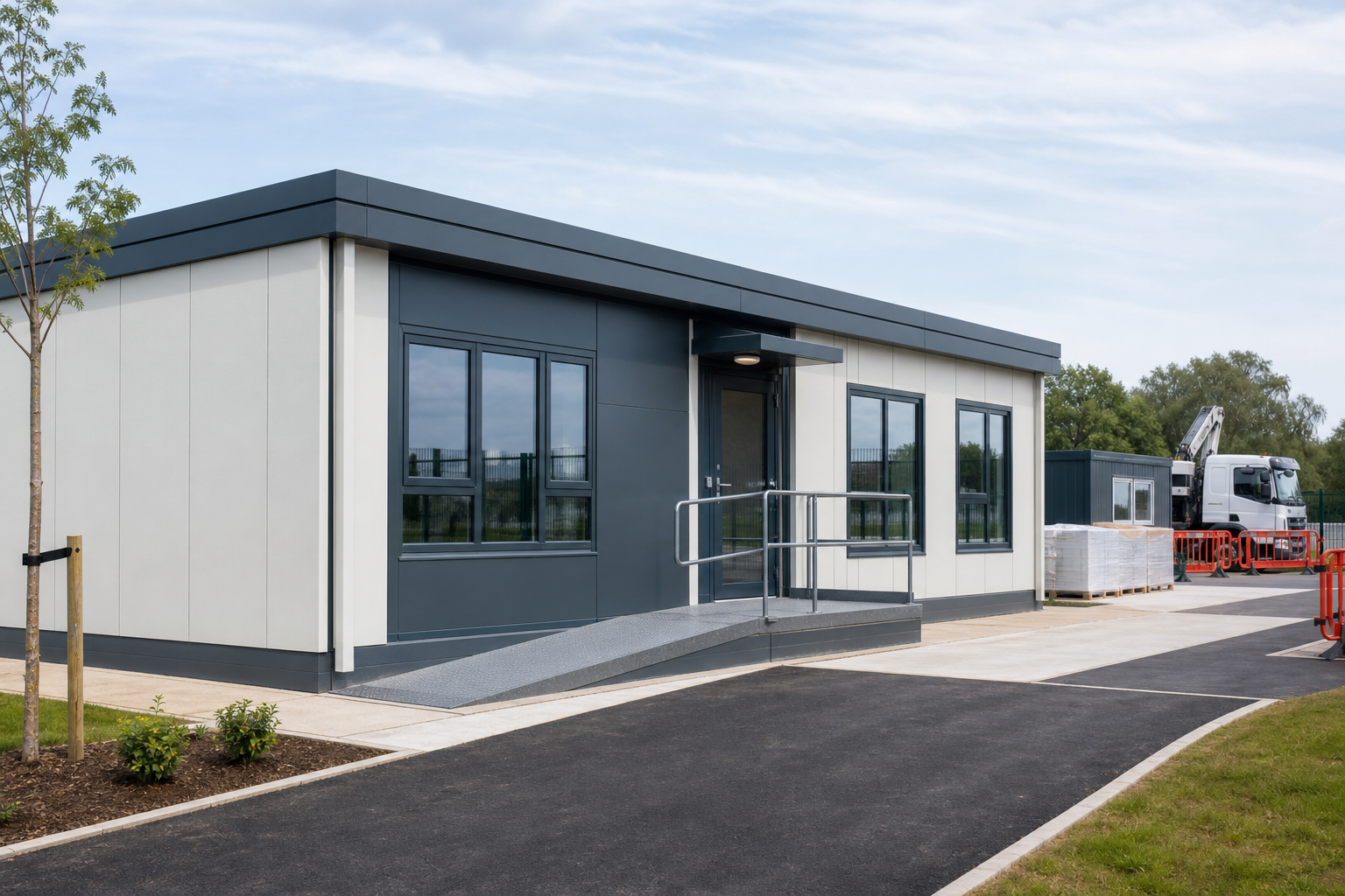 Modern modular building with a wheelchair ramp and surrounding landscaping.
