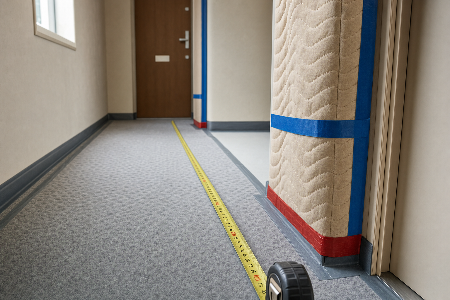 A hallway with a measuring tape stretched along the carpet and a padded door frame wrapped in blue and red tape.