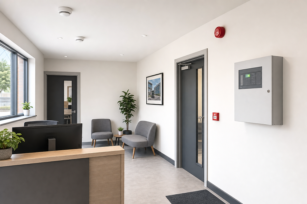 Modern office lobby with a reception desk, grey chairs, plants, and a wall-mounted control panel.