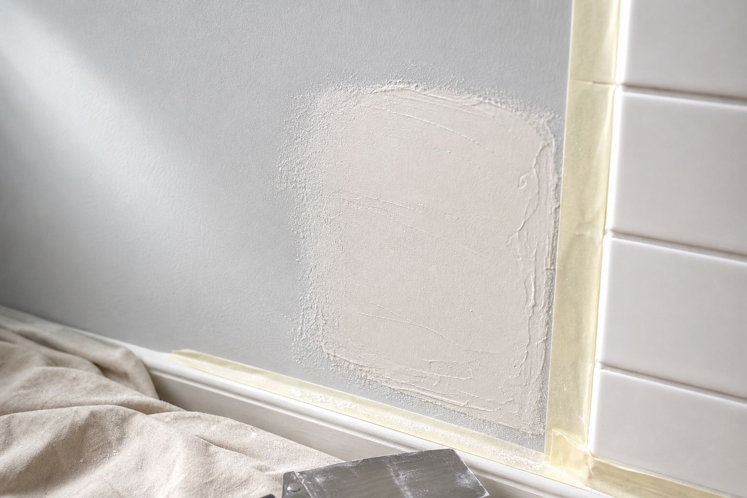 Freshly applied plaster patch on a wall adjacent to tiled surface, with a paint scraper and dustsheet below.
