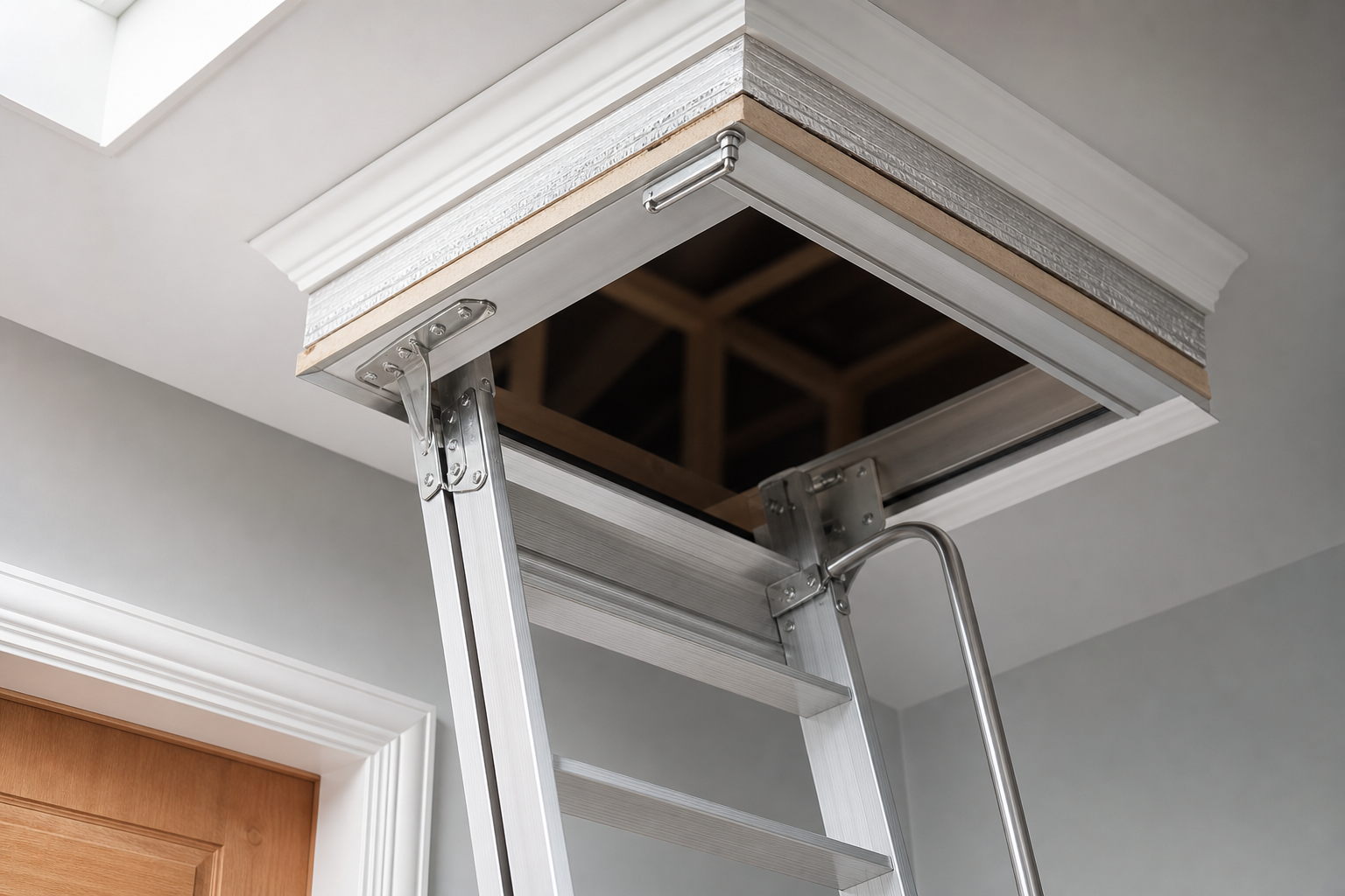 An extendable aluminium loft ladder leading to an open attic hatch in a white ceiling.