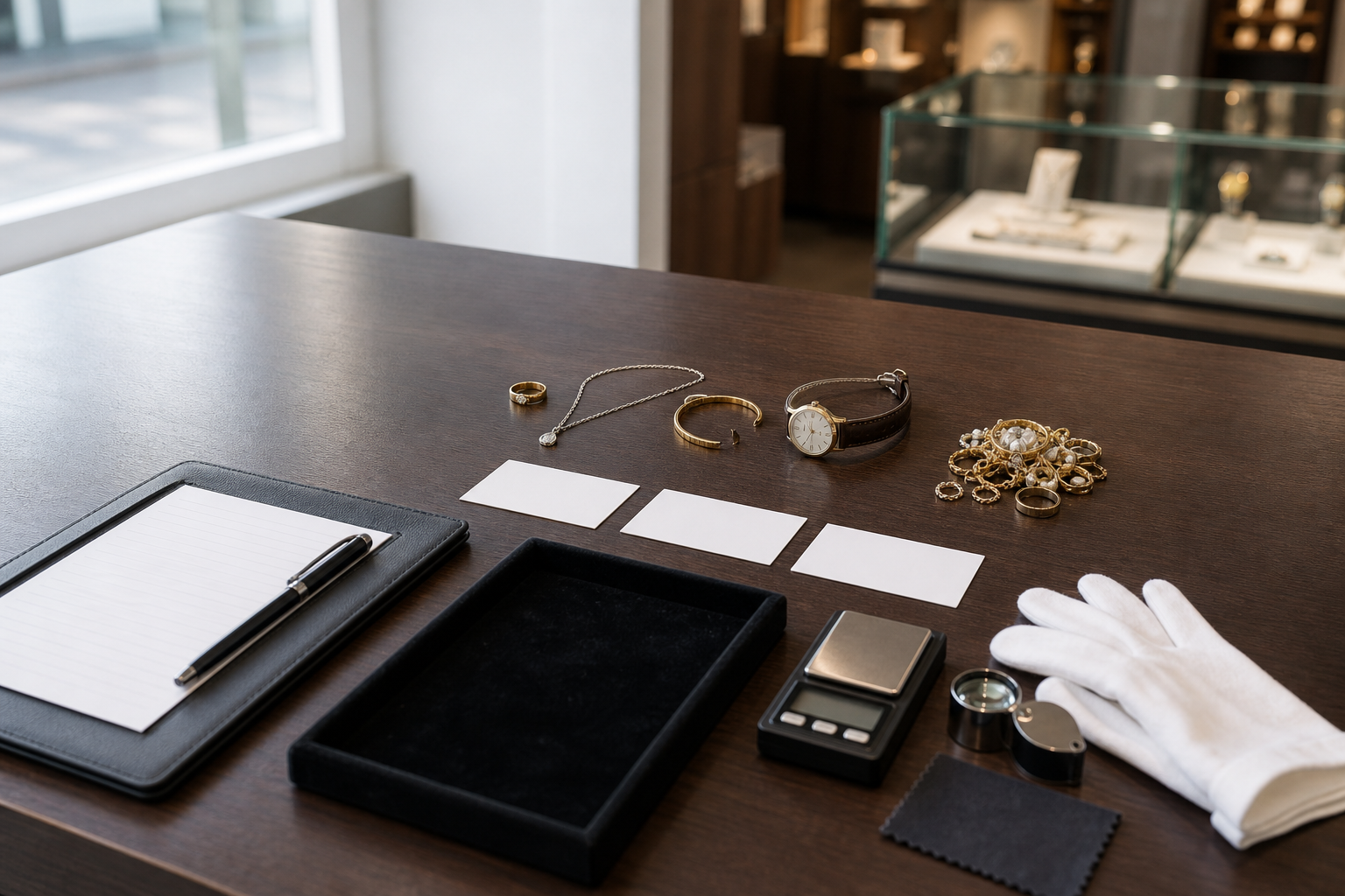 Jewelry appraisal setup with gold items, a watch, a scale, and tools on a wooden table.