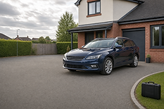 A blue estate car parked in the driveway of a modern brick house under an overcast sky.