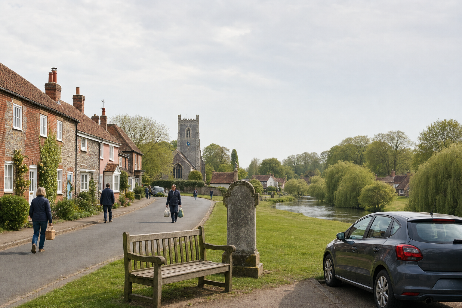 A peaceful village scene with people walking by houses, a historic church, and a riverbank lined with lush trees.