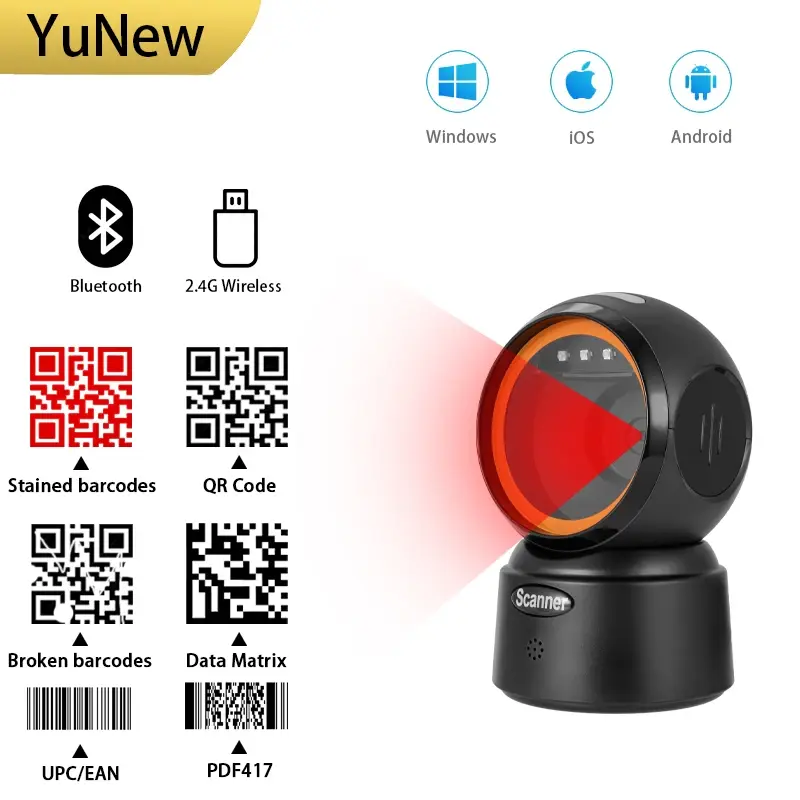 Thumbnail: Desktop 2D QR Barcode Scanner Wireless Bluetooth Hands-Free Omni