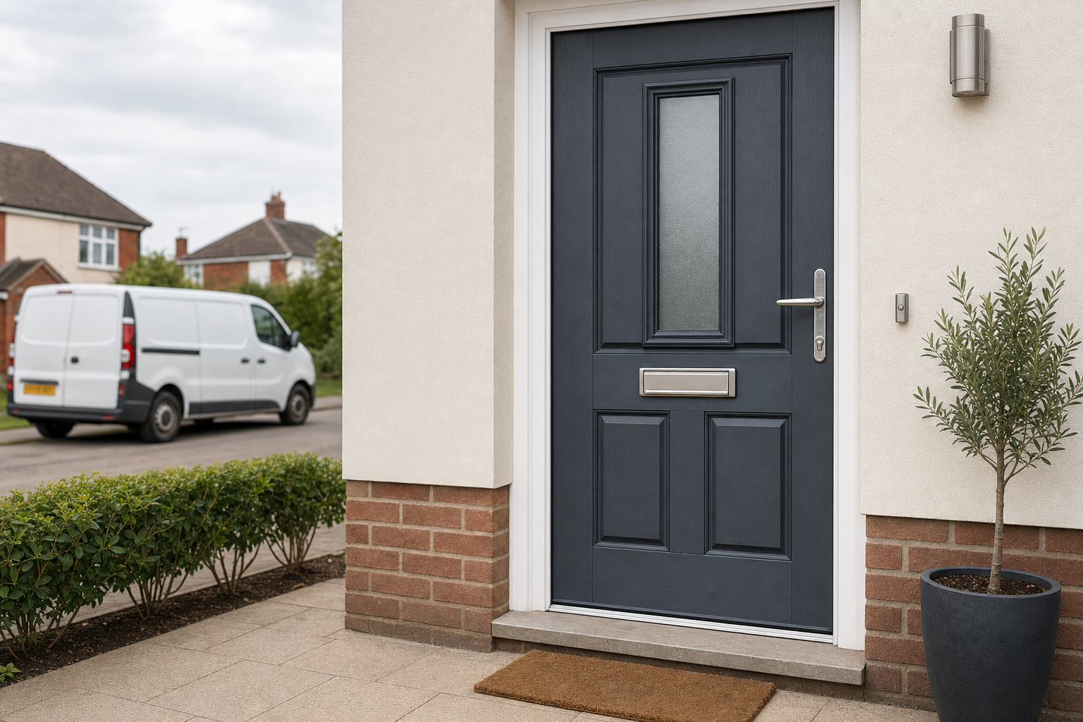 A modern grey front door with a potted plant beside it, and a white van parked on the street.