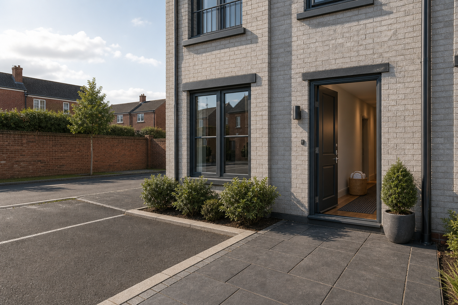 Modern brick house with an open door, surrounded by paving, shrubs, and adjacent parking spaces under a sunny sky.