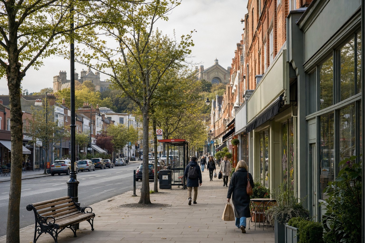 People walking along a tree-lined street with shops and a historic building in the background.