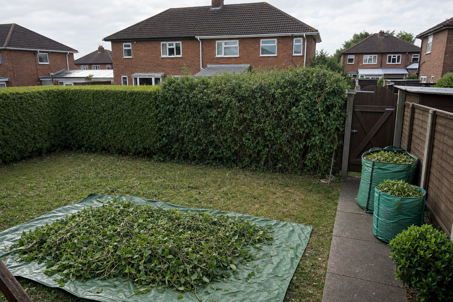 Freshly trimmed hedge branches piled on a tarpaulin in a suburban garden with filled green bags nearby.