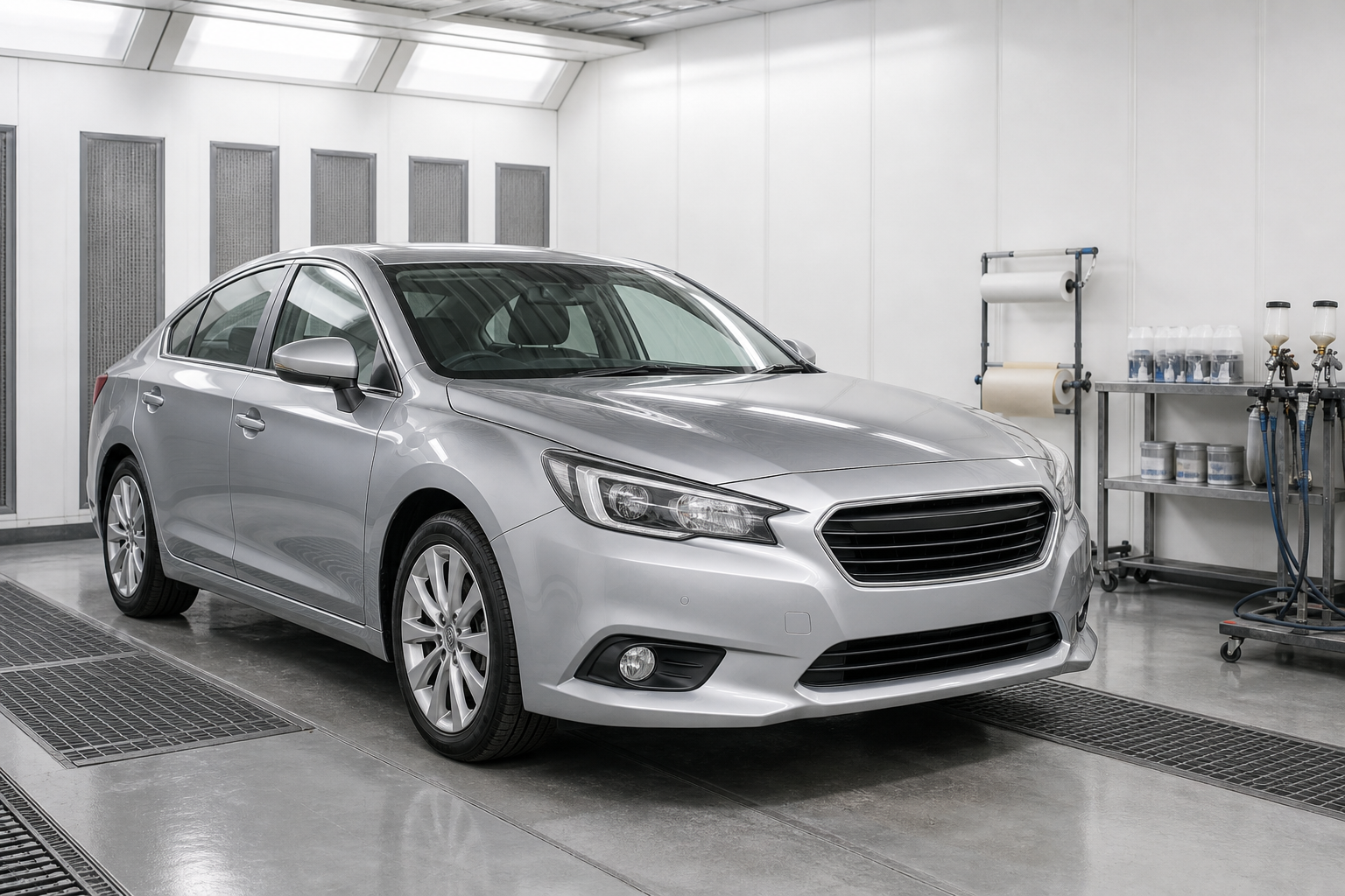 Silver sedan parked inside a clean, well-lit industrial garage.