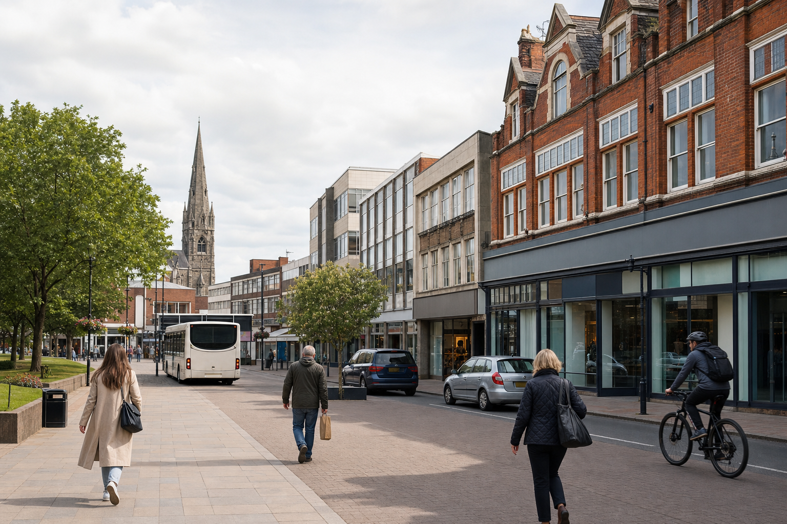 People walking and cycling on a city street lined with shops, with a church spire visible in the background.