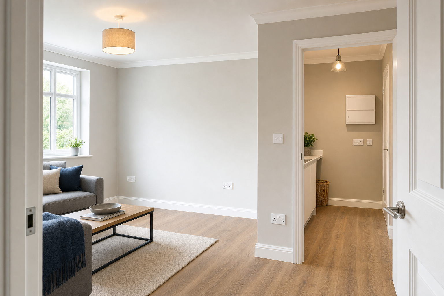 Modern living room with wooden flooring, grey sofa, and coffee table, leading to a bright corridor with a hanging light.