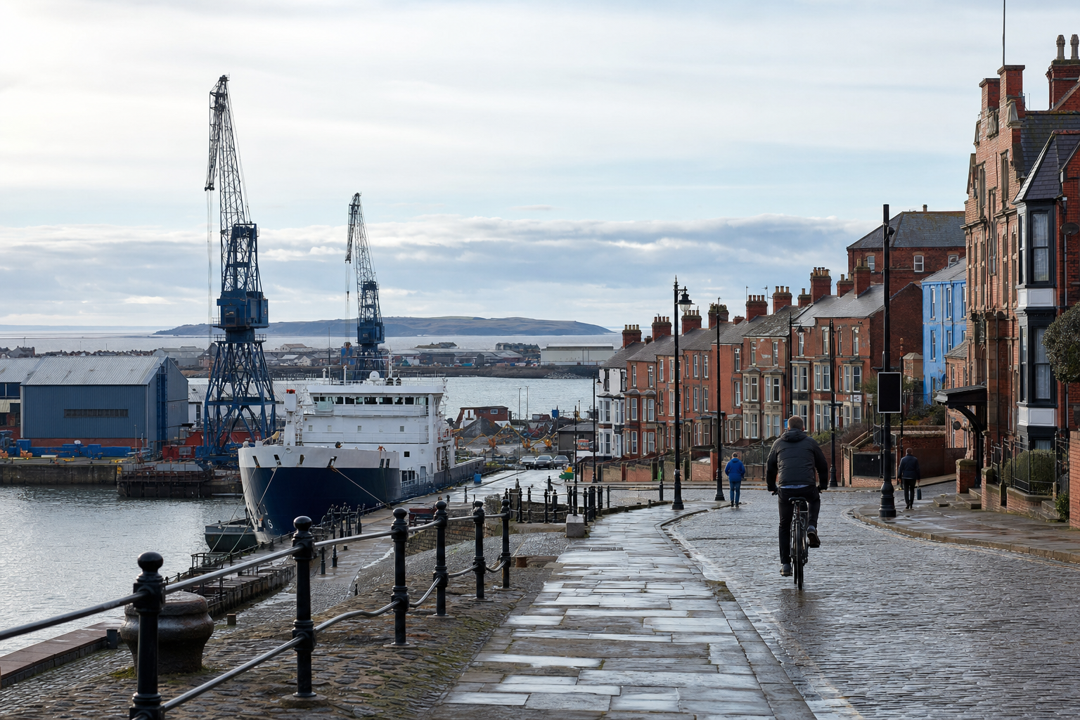 Cyclist rides down a cobbled street towards a harbour with cranes and docked ship in the background.
