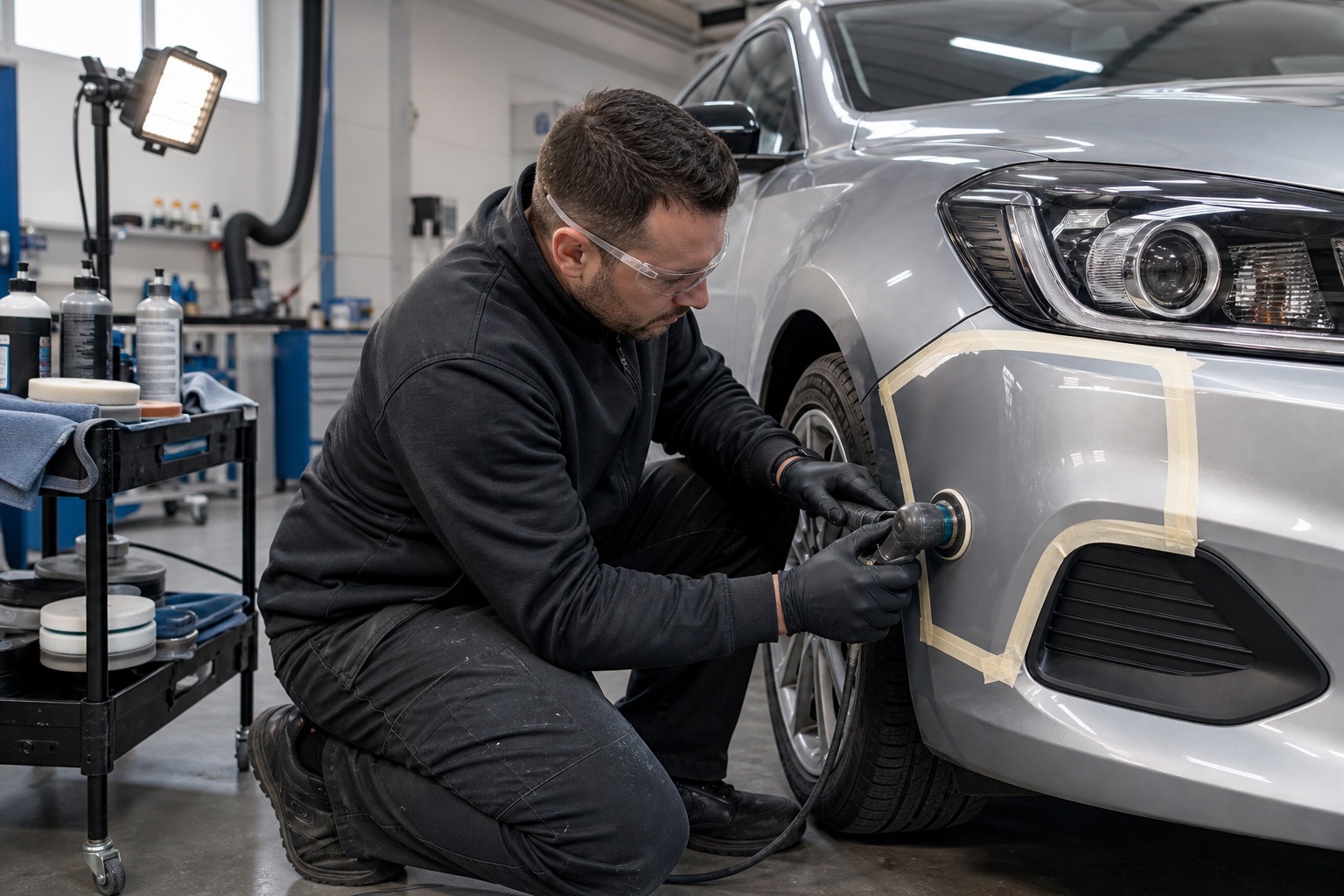 Mechanic polishing the front bumper of a silver car in a workshop.