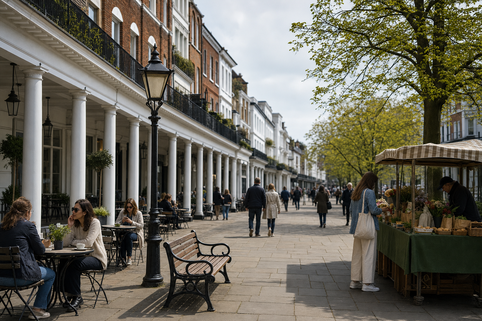 Bustling pedestrian street with people dining outdoors and shopping at a flower stall on a sunny day.