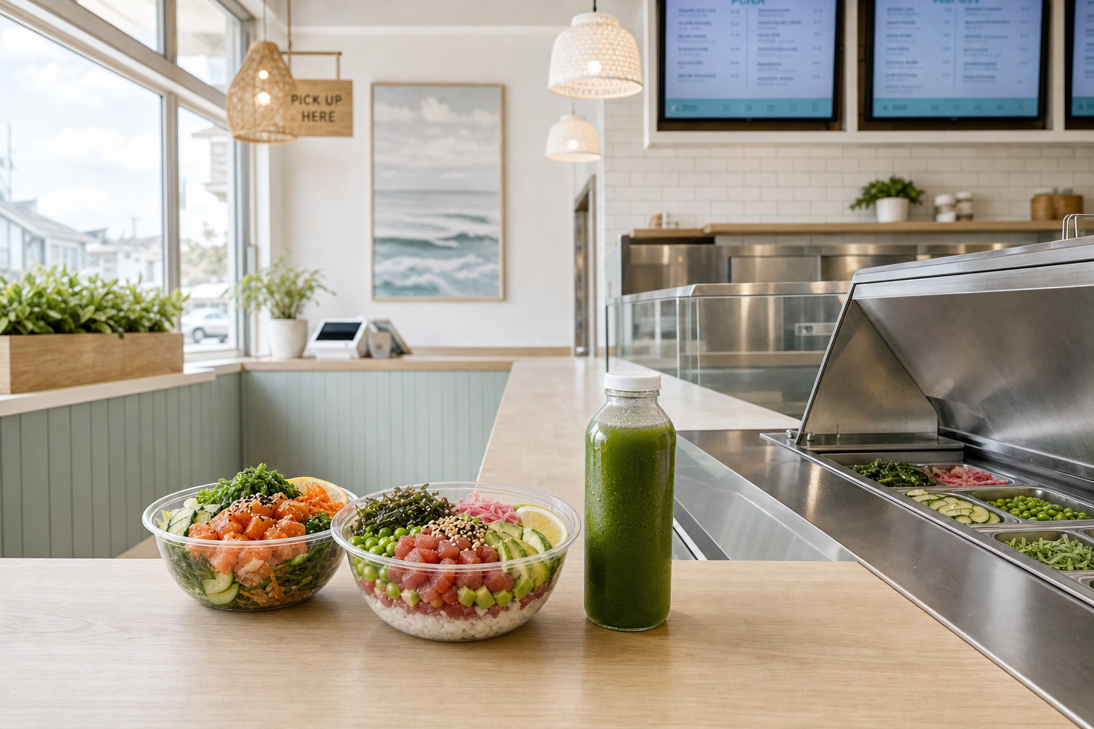 Two poke bowls and a bottle of green juice on a wooden counter in a modern restaurant.