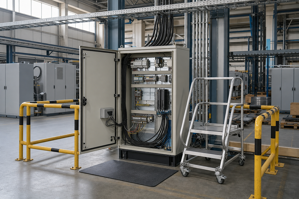 Open electrical cabinet with cables in an industrial facility, surrounded by safety railings and a metal step ladder.