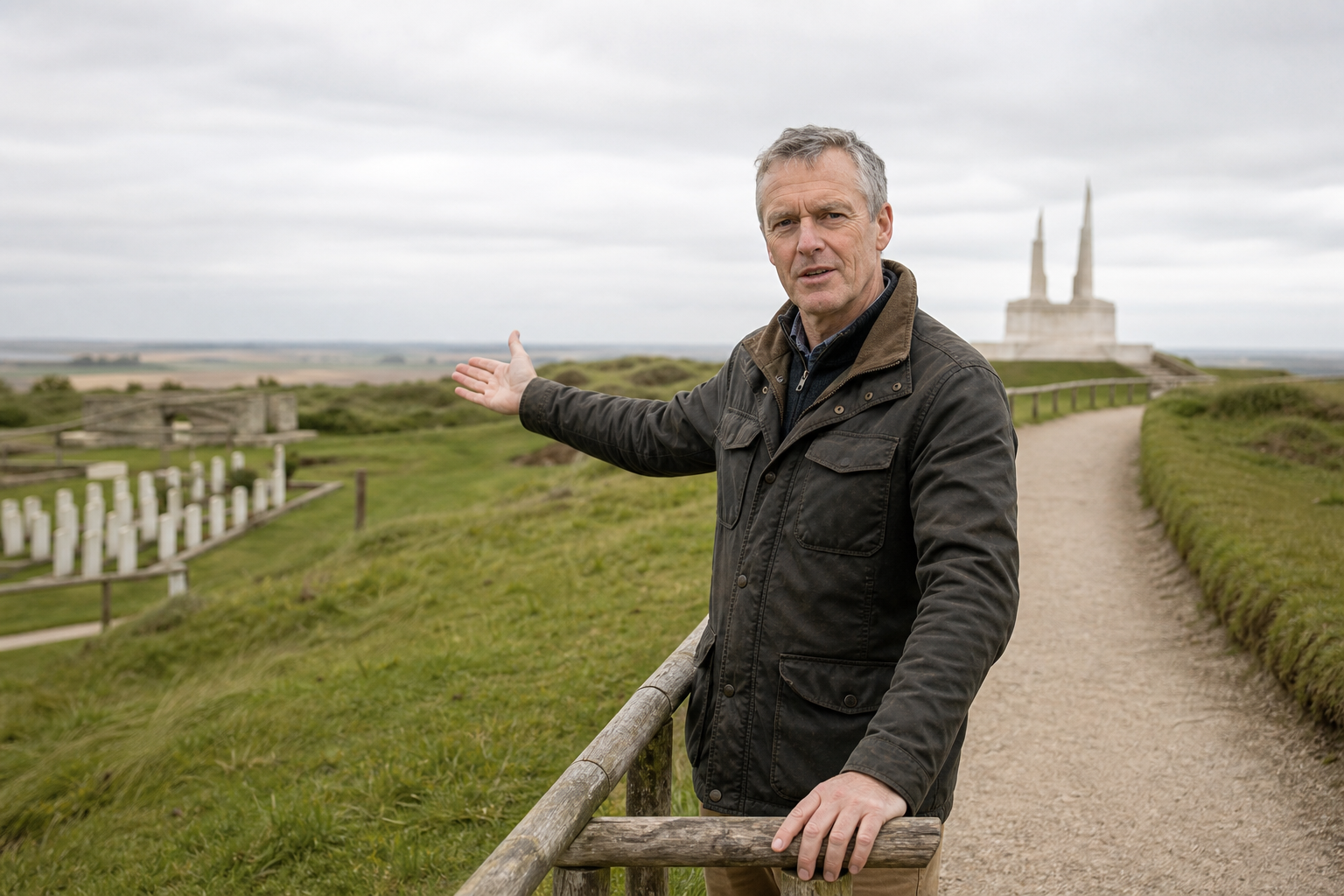 A man in a jacket gestures towards a war cemetery and memorial on a cloudy day.