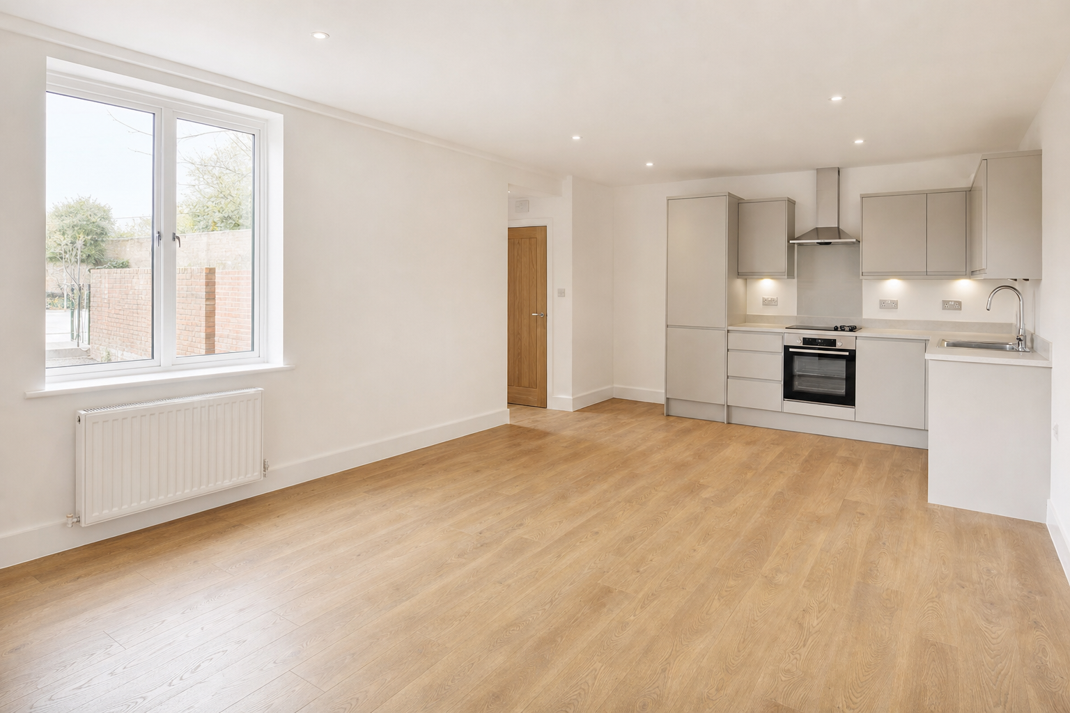 Modern open-plan kitchen and living area with wooden flooring and built-in appliances.