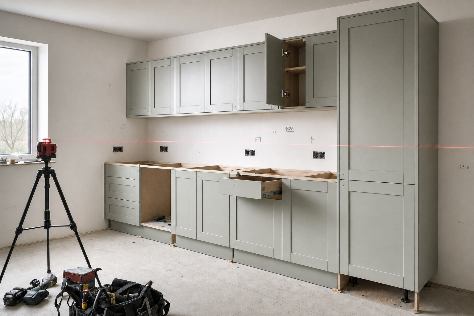 A partially installed kitchen with grey cabinets and a laser level on a tripod, surrounded by tools and equipment.