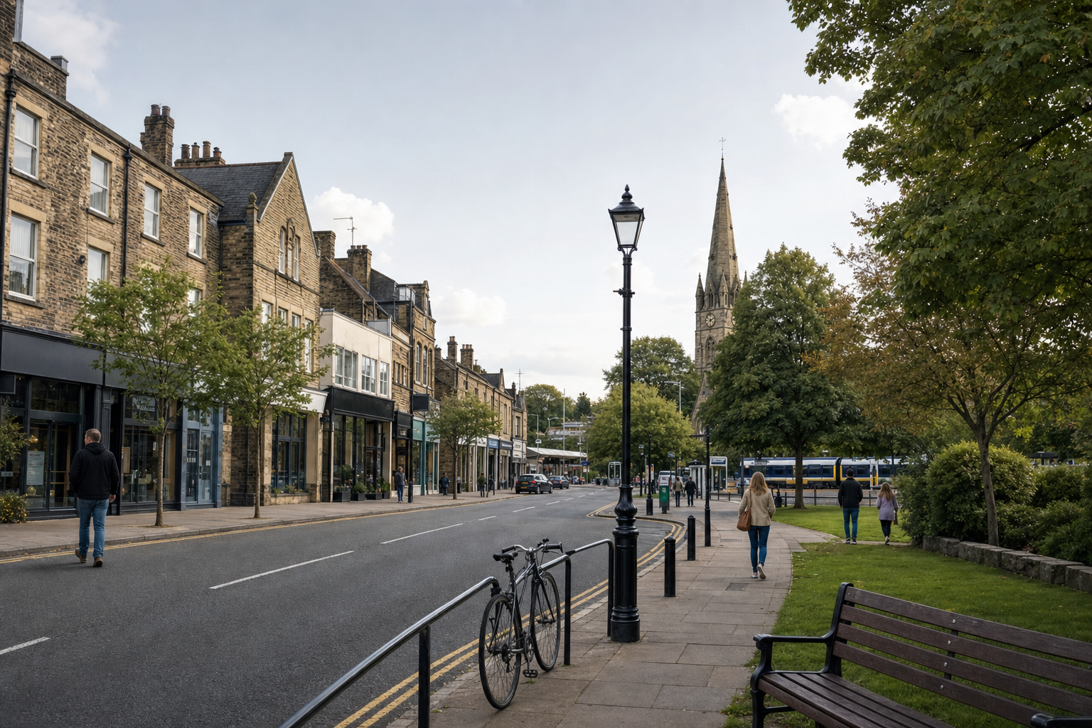 Street scene with people walking, a bicycle against a railing, and a church spire in the background.