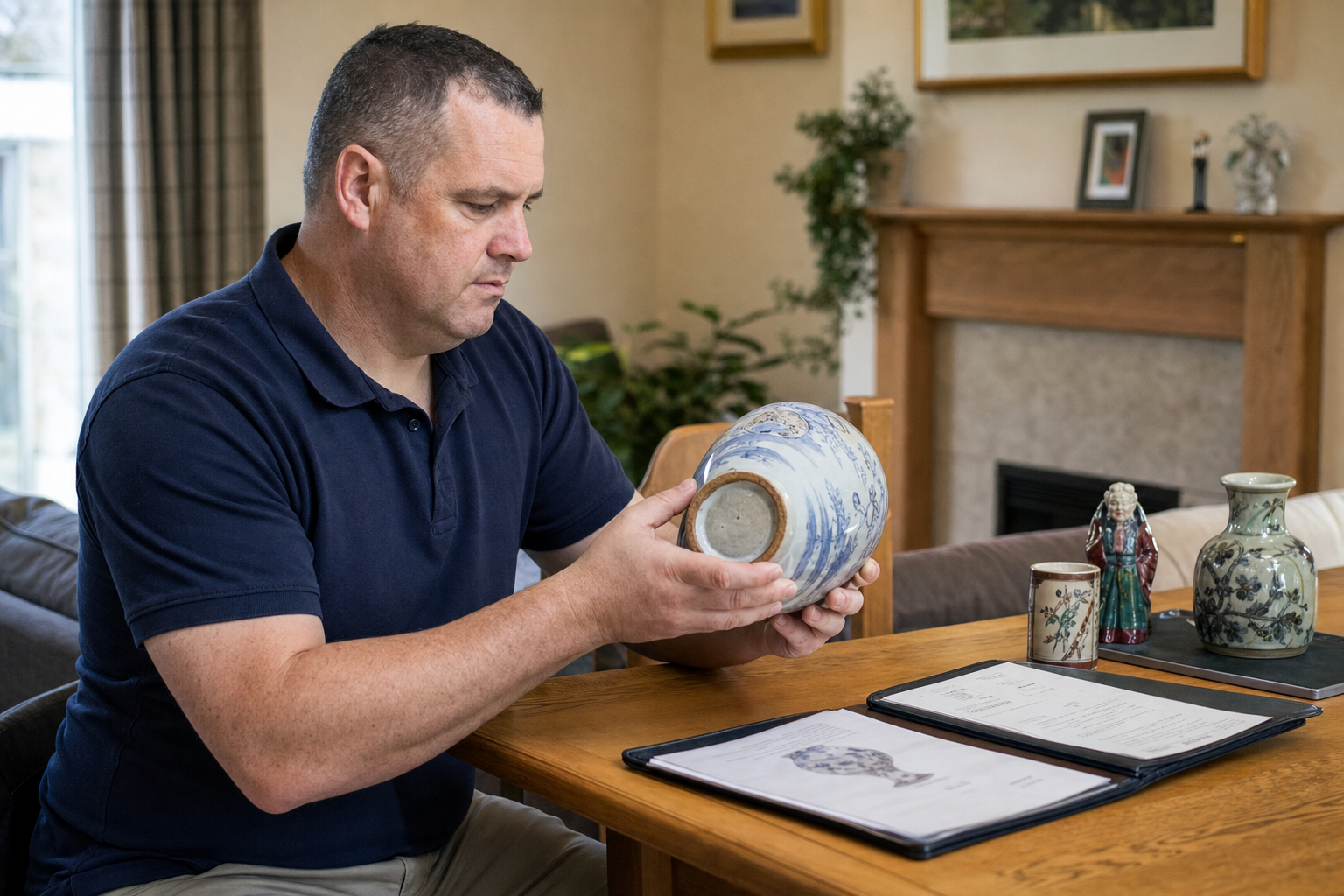 Man examining a blue and white ceramic vase at a wooden table with documents and other pottery items nearby.