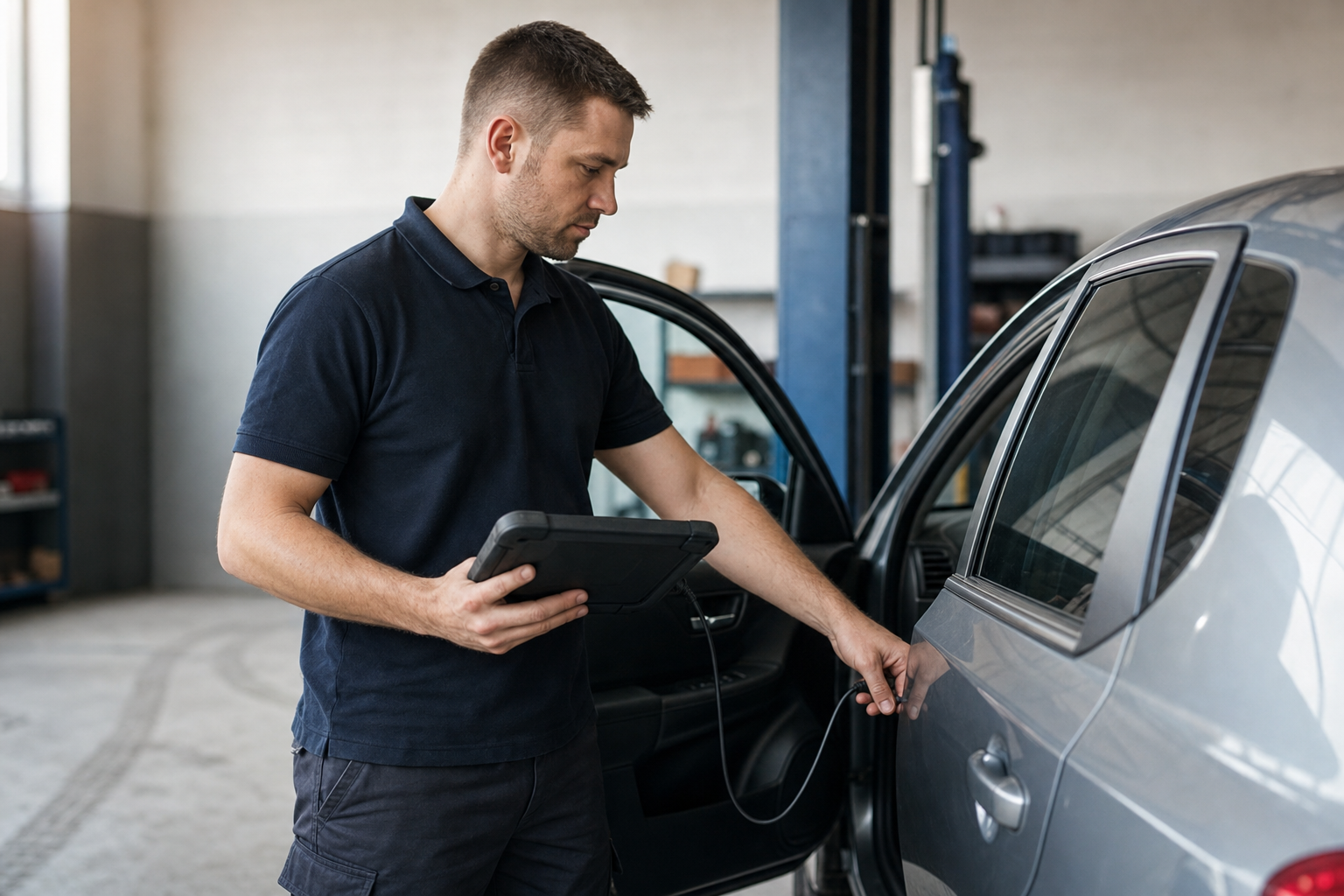 Mechanic using a diagnostic tool connected to a car in a garage setting.