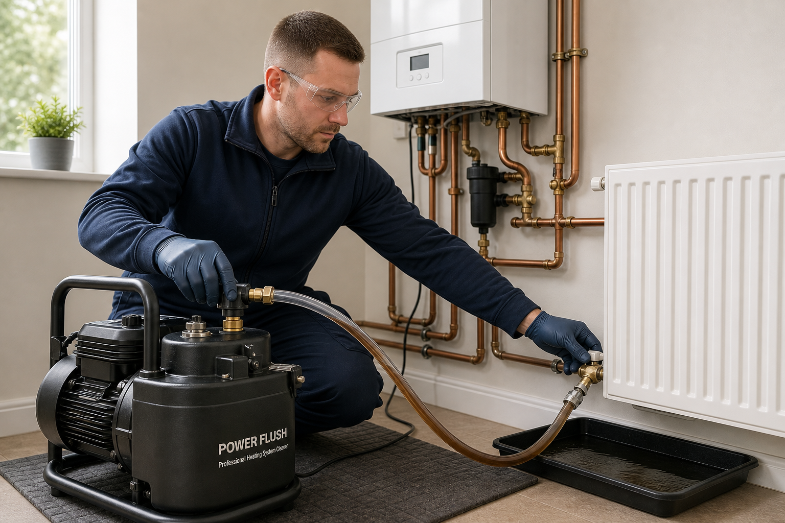 Technician using a power flush machine to clean a heating system radiator.