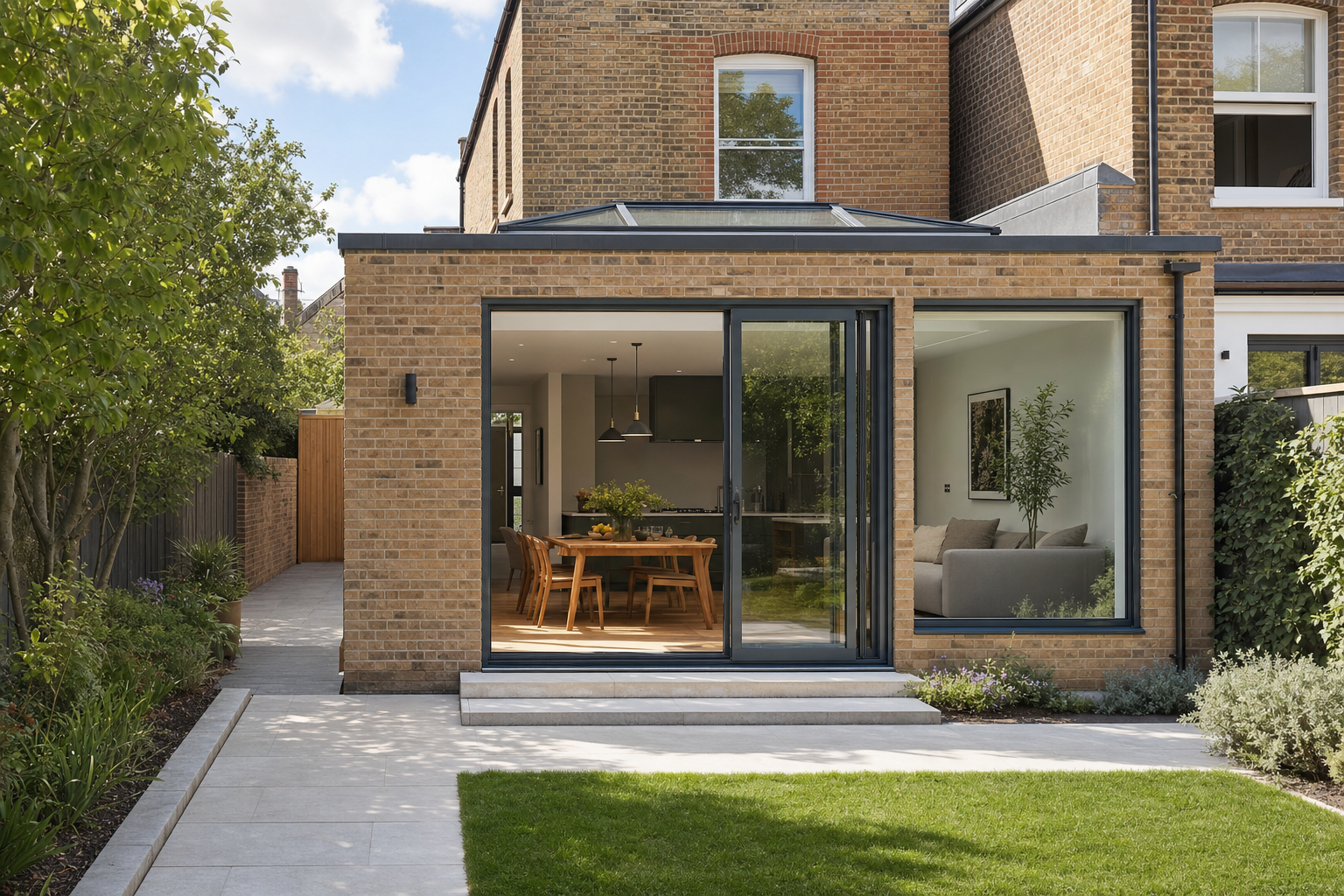 Modern brick house extension with large glass doors, opening to a dining area and sofa, surrounded by a neatly landscaped garden.