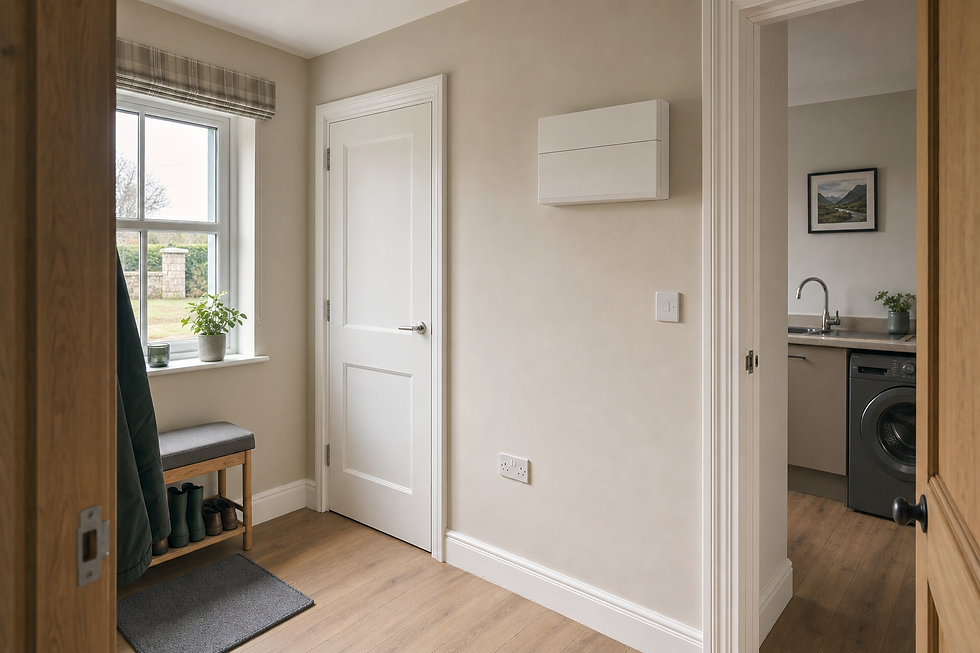 A cosy hallway with a bench, plants on the window ledge, and a view into a laundry room with a washing machine.