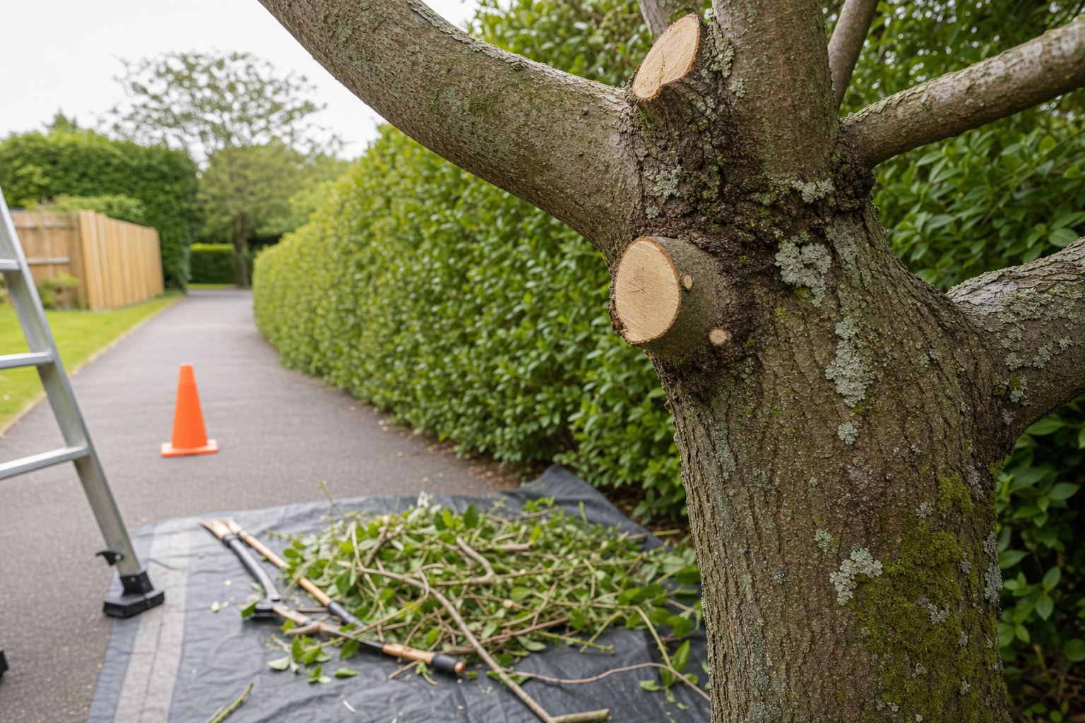 A tree with freshly cut branches, a ladder, and a traffic cone on a path lined with hedges.