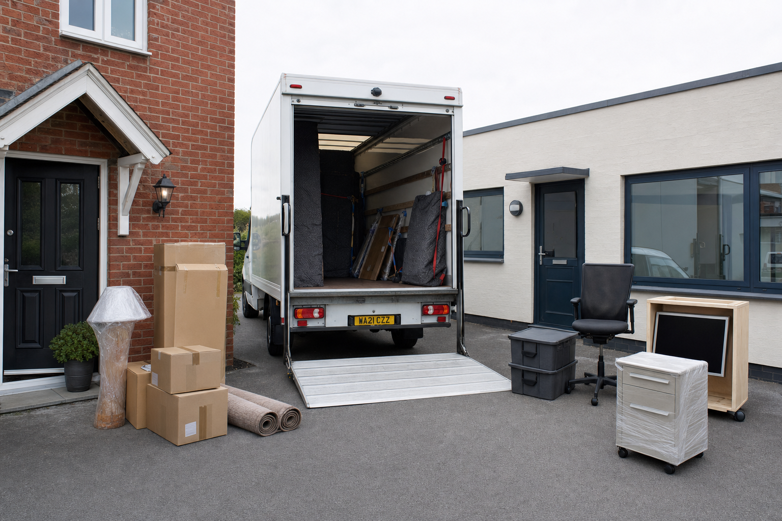 Moving van with ramp extended, surrounded by packed boxes and furniture, parked beside a brick house and modern building.
