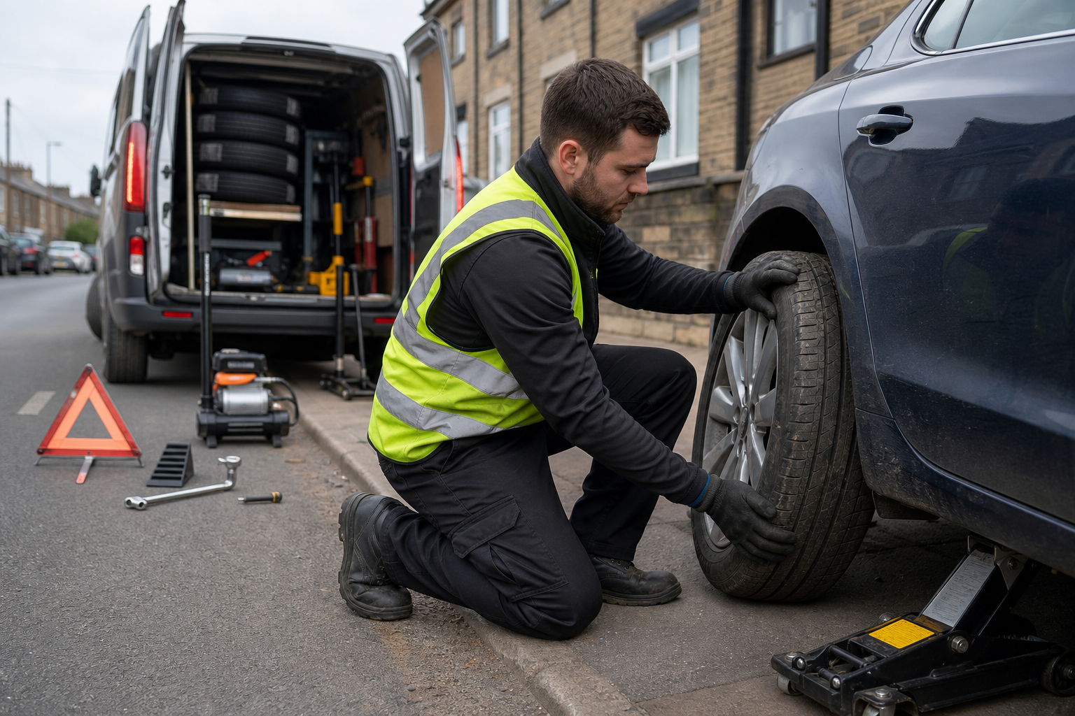 Mechanic in a hi-vis vest changes a car tyre on the roadside with tools and a service van nearby.