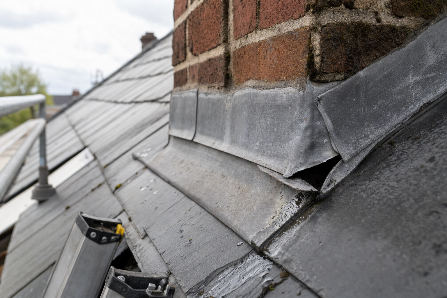Close-up of worn lead flashing on a slate roof with a brick chimney, showing signs of weathering.